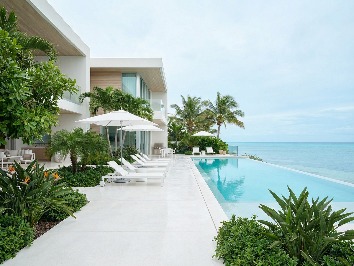 Luxury modern villa with a swimming pool, outdoor lounge chairs with umbrellas, surrounded by tropical palm trees and ocean view.