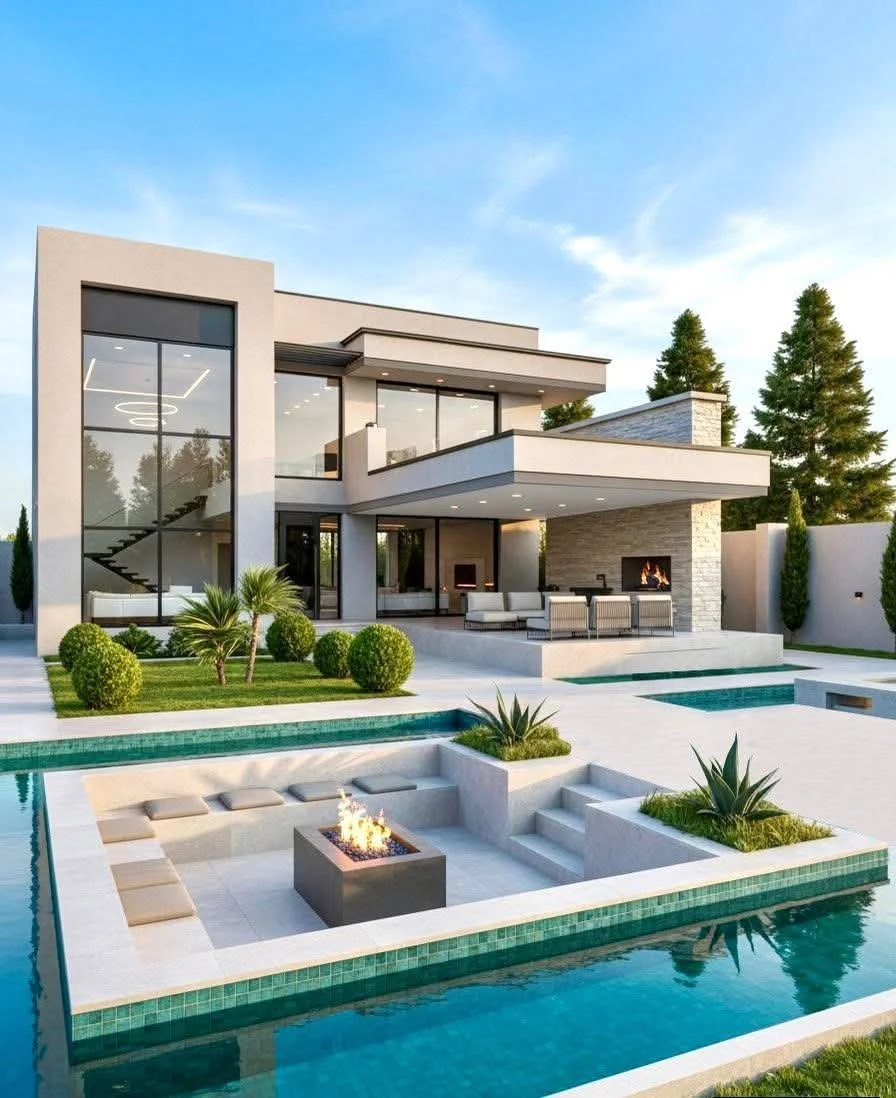 Modern two-story house with large glass windows, outdoor seating area, swimming pool, fire pit, palm trees, and a backyard with a landscaped lawn.