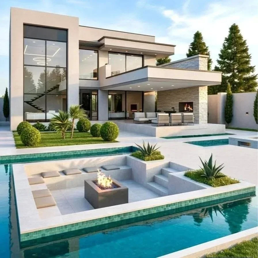 Example of a high-end Caribbean outdoor renovation with an infinity pool, sunken fire pit, and modern tropical architecture.