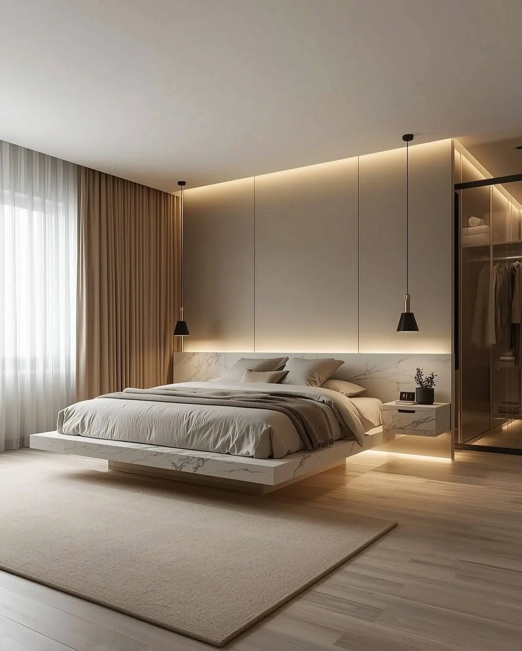 Modern bedroom with a low-profile bed, beige and gray bedding, hanging pendant lights, a beige curtain, and a glass wardrobe.
