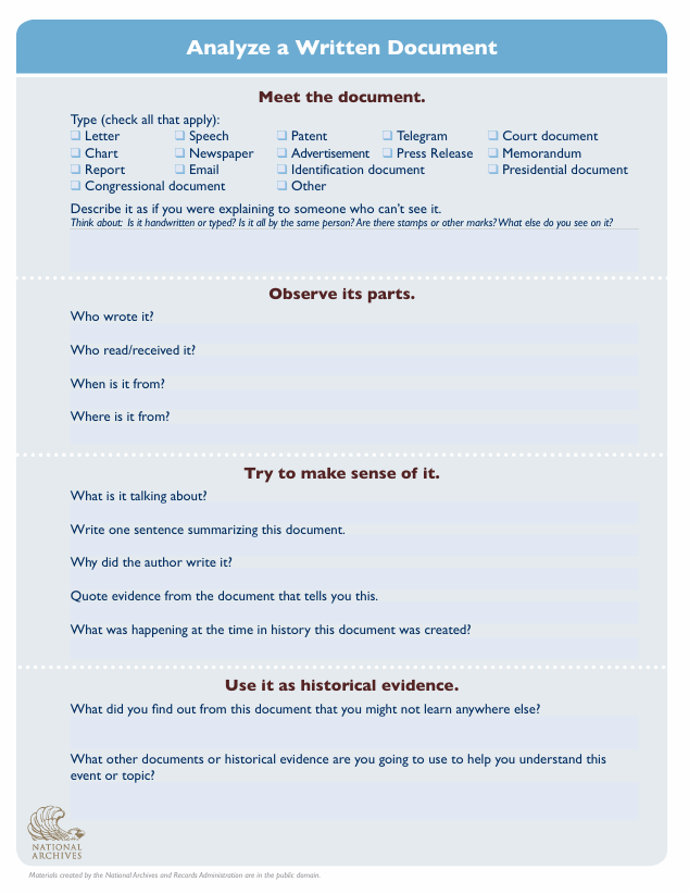 Analyzing Documents for Intermediate or Secondary Students