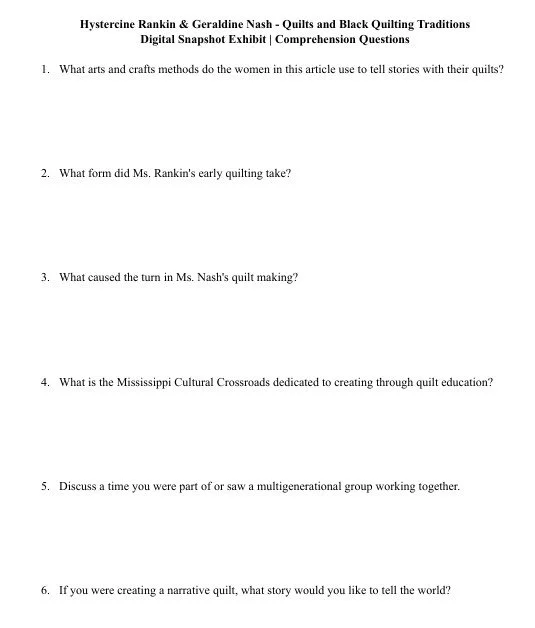 Black Quilting Traditions Comprehension Questions
