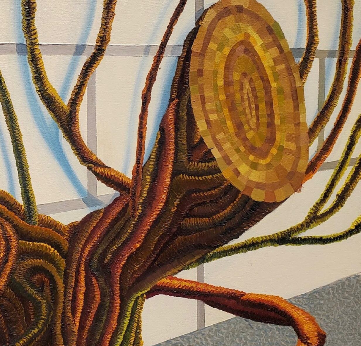 Lovely details of the textured, intricate work of @sallyjerome! 
Come view these works in person during gallery hours.
#partsofpaintings 

&ldquo;Time Machine&rdquo;
Oil on canvas
26 x 32 inches
2022

&ldquo;Descendants&rdquo;
Oil on canvas
24 x 32 i