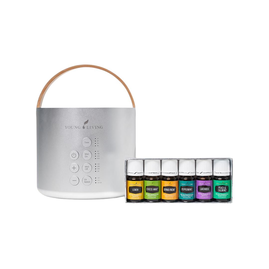 This bundle of six sensuous essential oil singles and blends with an exclusive Silver Duet™ Diffuser offers an aromatic pick-me-up when your day turns difficult.