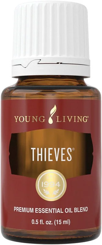 Thieves® essential oil is a legendary blend of purifying essential oils, Clove, Lemon, Cinnamon Bark, Eucalyptus radiata, and Rosemary, known for refreshing breathing experiences aromatically and topically.