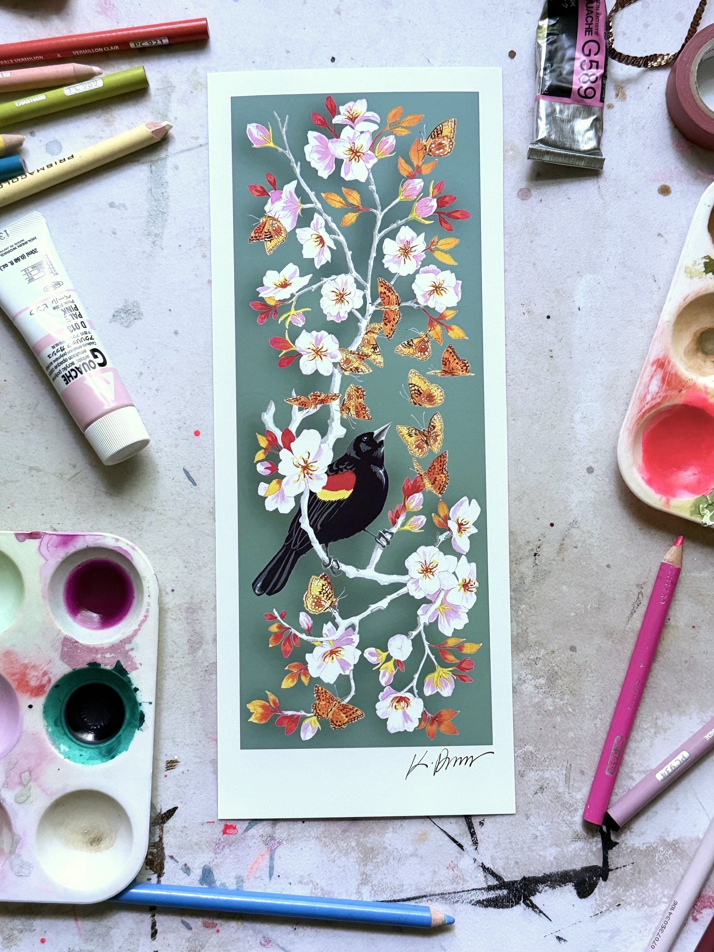 Red Winged Blackbird Print (Blue)