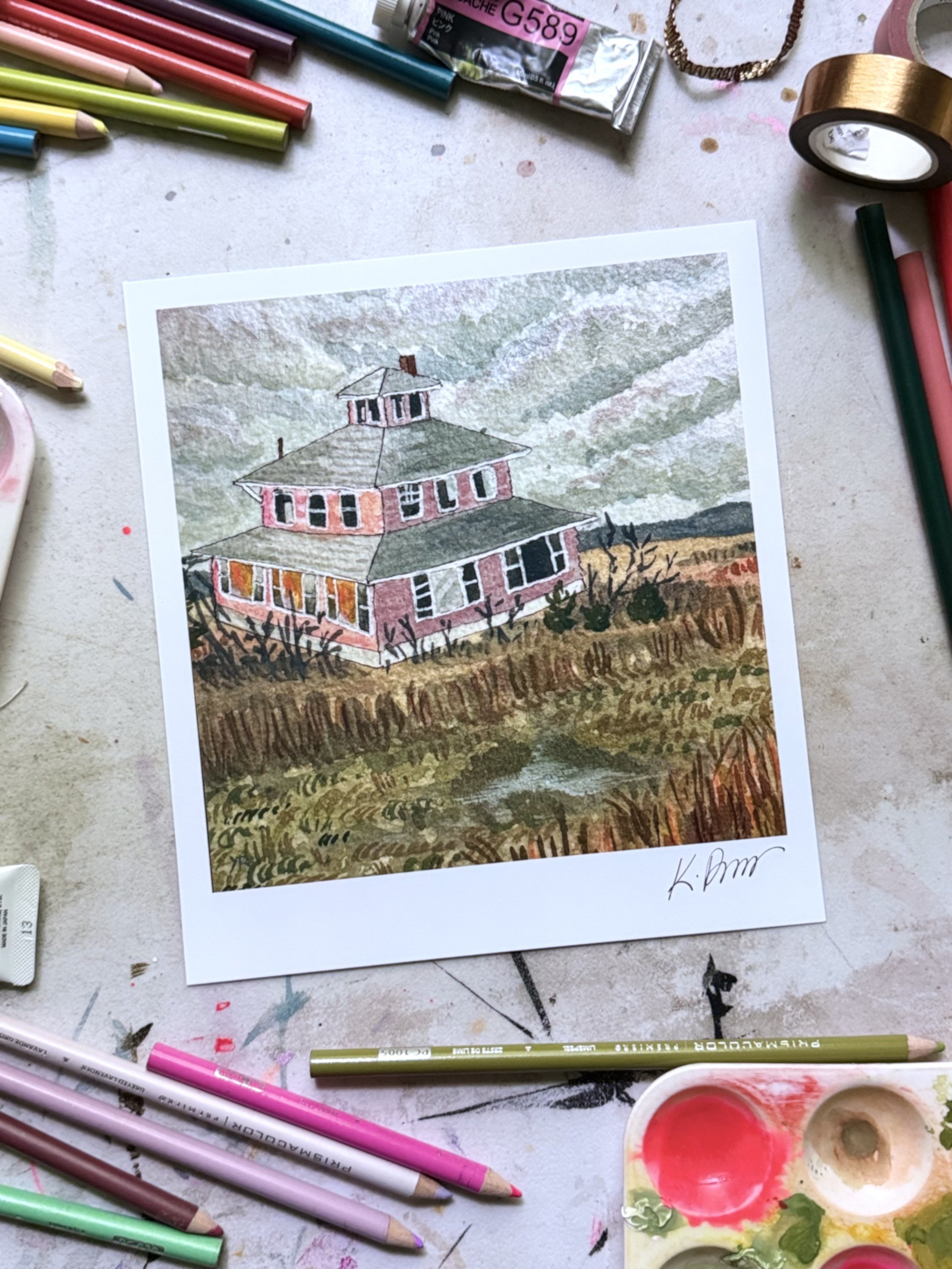 Pink House in Autumn Print