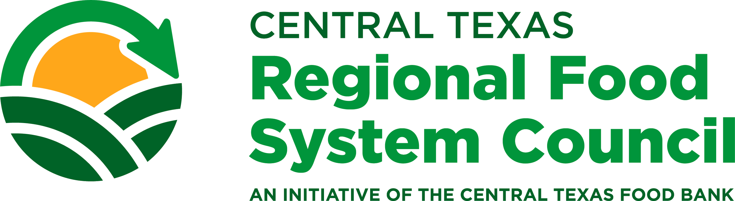 Logo for the Central Texas Regional Food System Council, an initiative of the Central Texas Food Bank. Yellow sun with green fields and a green arrow.