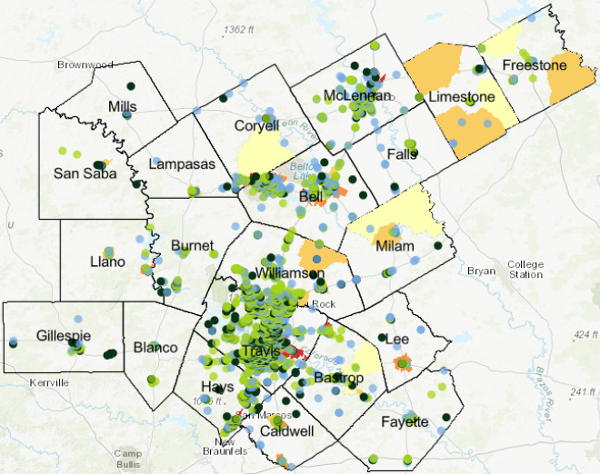 Map of the 21 Central Texas counties showing areas with high low-income/low-access (LILA) populations tend to have convenience stores and fast food restaurants but few supermarkets