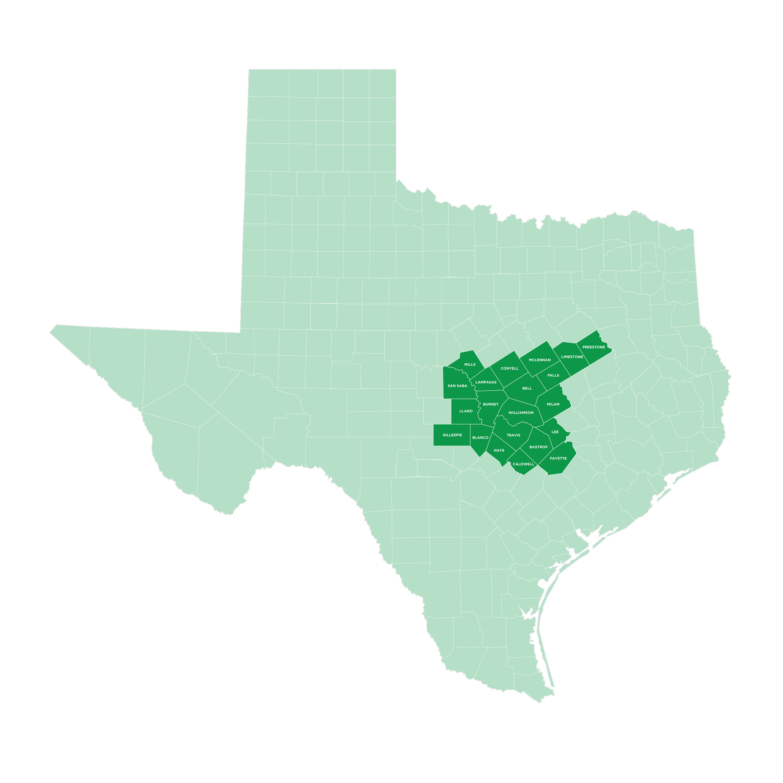 Texas county map with the 21 Central Texas counties filled in dark green with white county name labels