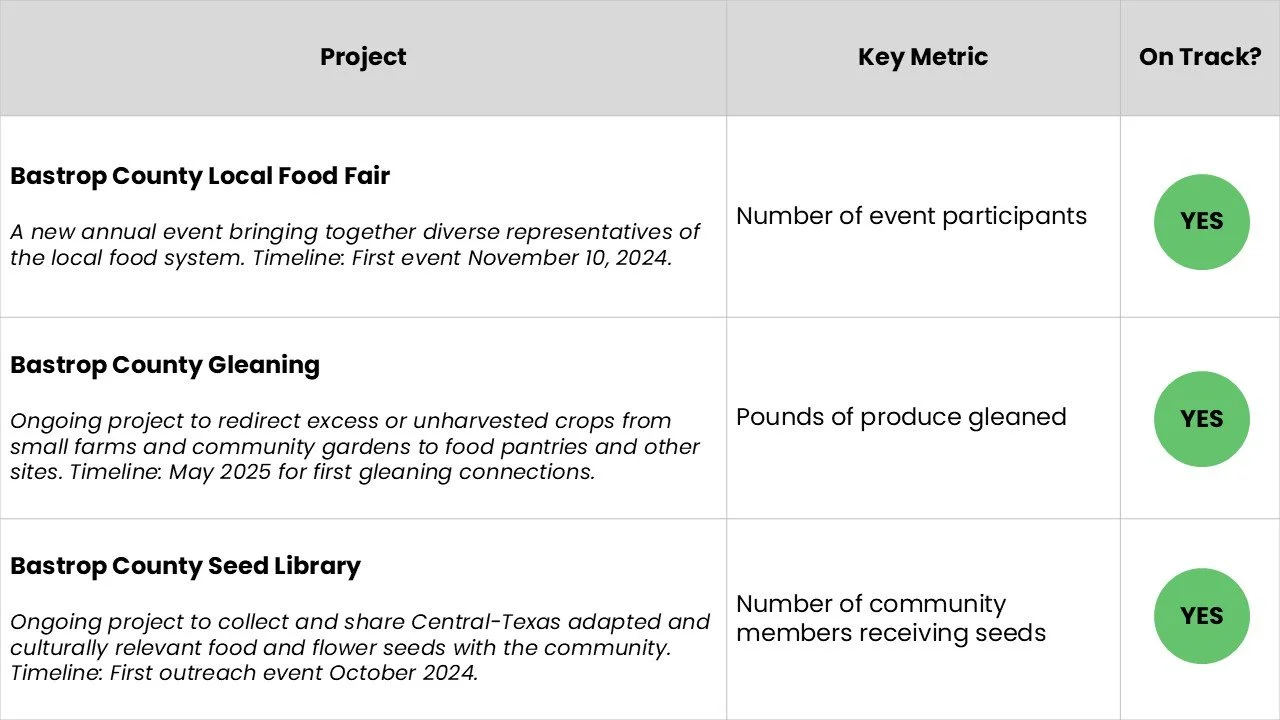 Table showing the 3 Action Plan Projects Bastrop County Cares leads are on track: Bastrop County Local Food Fair, Bastrop County Gleaning, and Bastrop County Seed Library