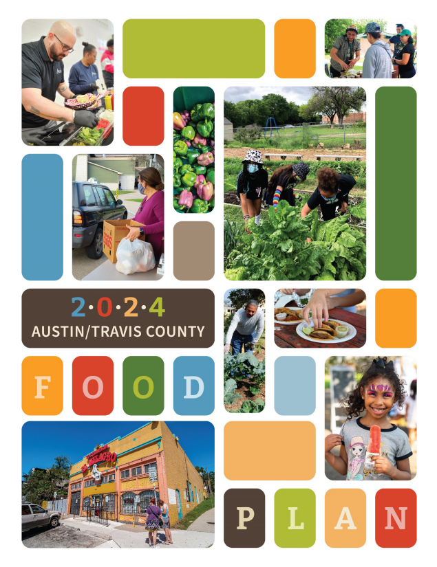 Cover of 2024 Austin/Travis County Food Plan showing food system activities
