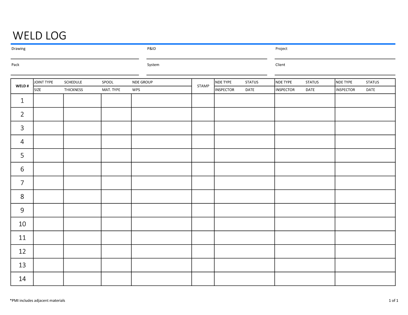 Weld Log Piping QUALITY INSPECTION FORMS Weld Log Piping QUALITY INSPECTION FORMS