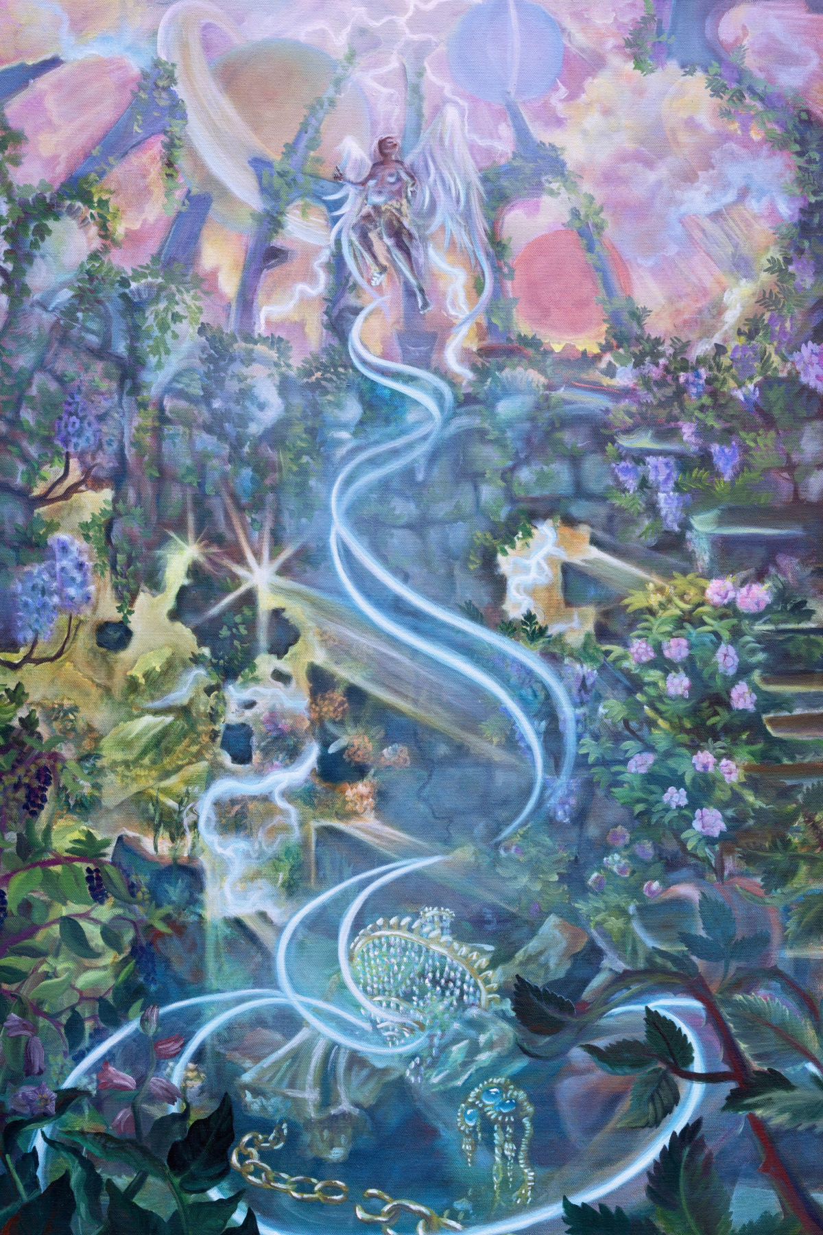 The tower tarot flowers angel saturn return witch visionary oil painting silver arrow art wisteria azalea empress tree alchemy