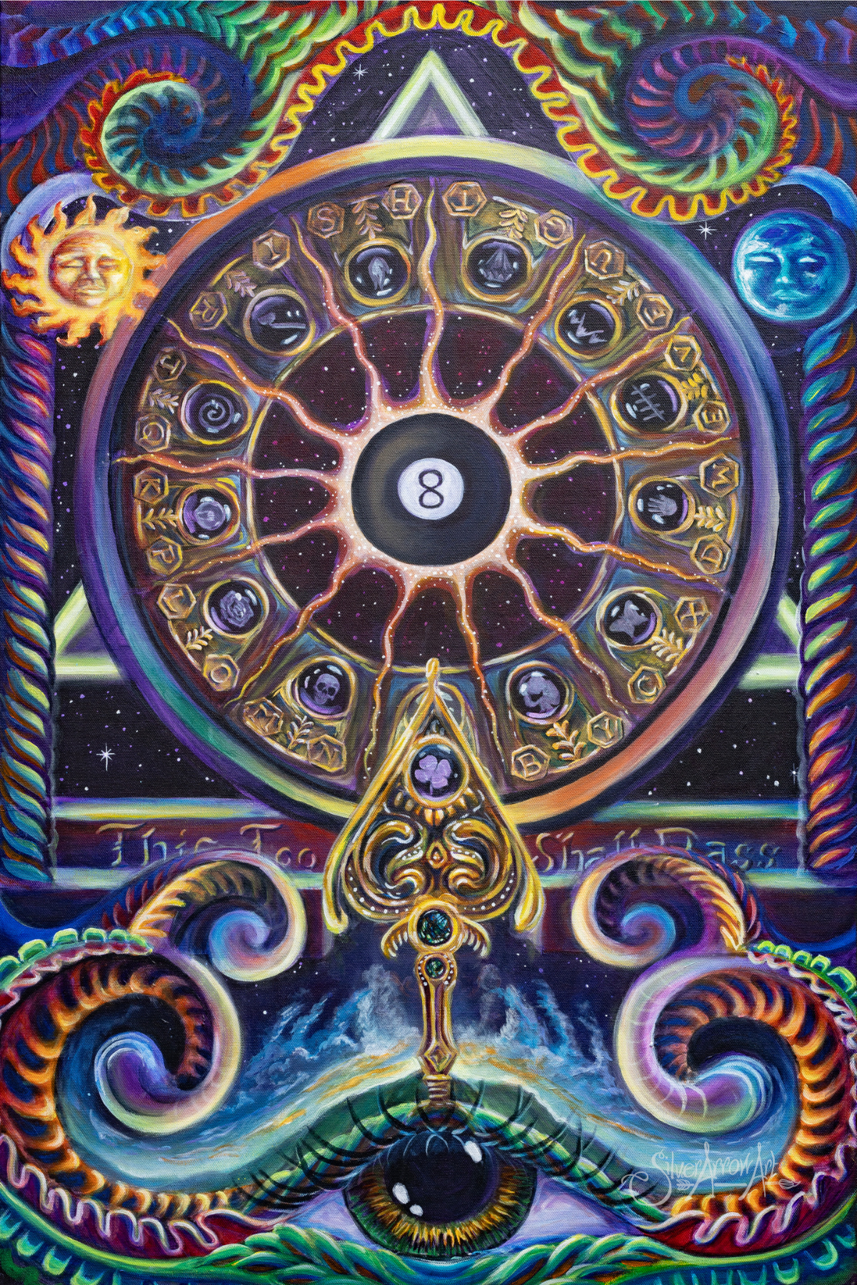 wheel of fortune silver arrow art magic tarot witch visionary acrylic painting on canvas symbolist oracle