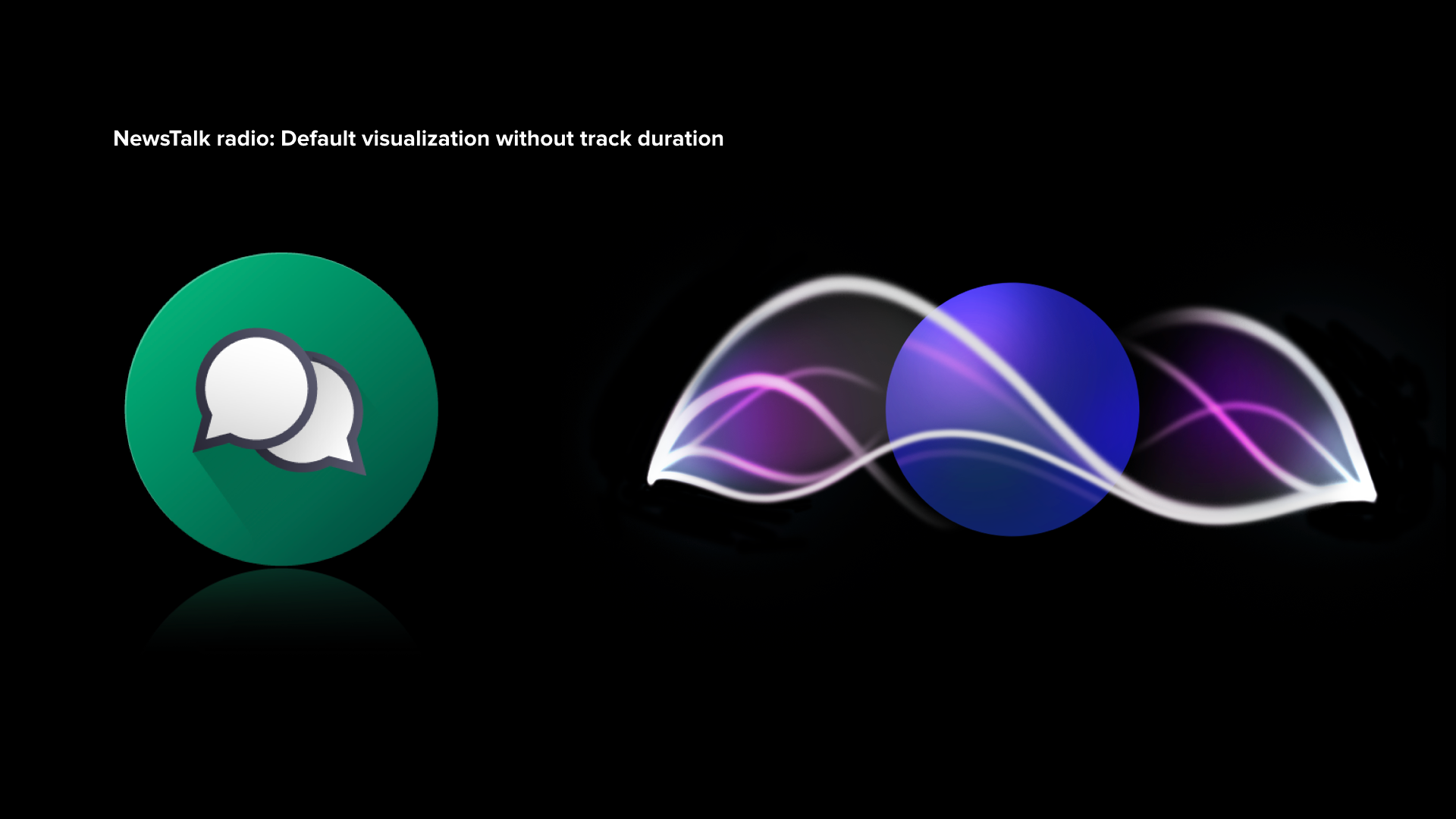 A digital visualization of sound waves with the text 'NewsTalk radio: Default visualization without track duration' in white on a black background. There is a large green icon with two speech bubbles on the left.