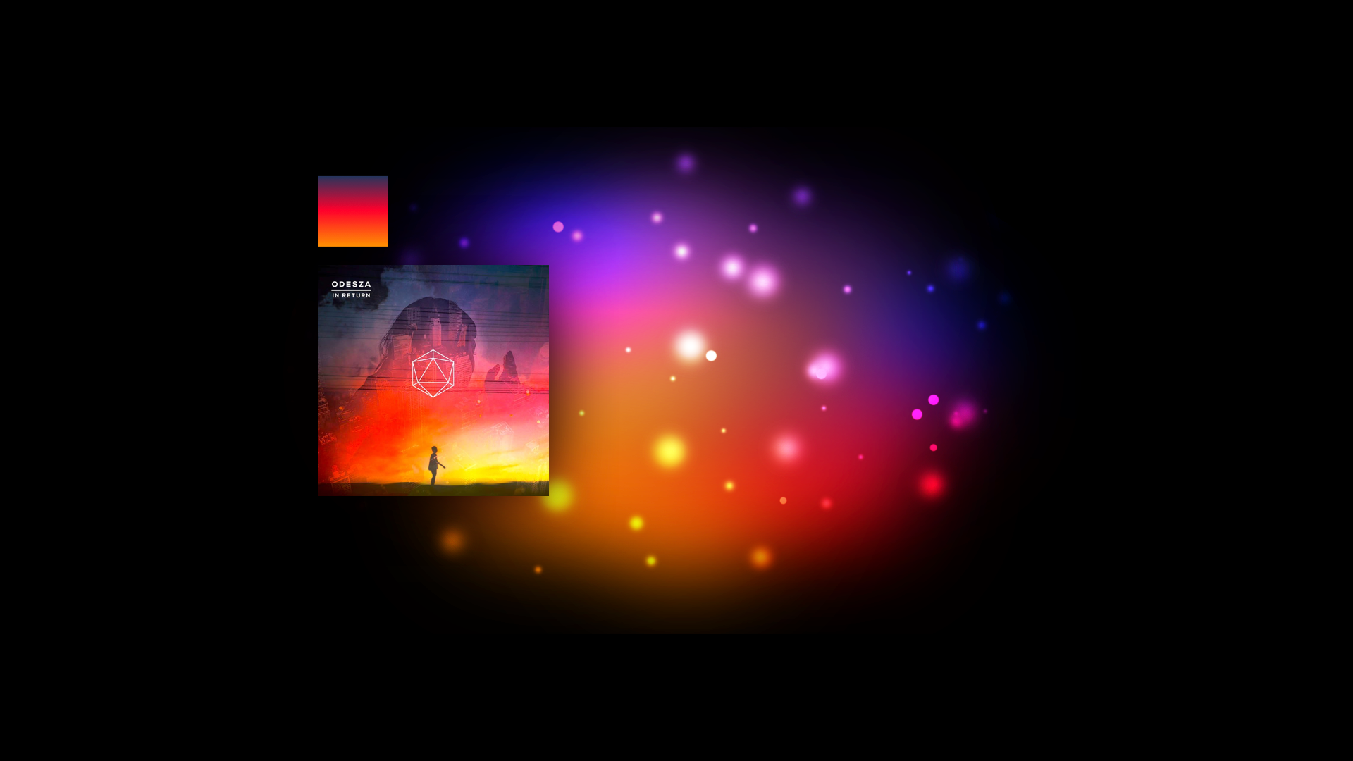 An album cover titled "In Return" by ODESZA featuring a silhouette of a person standing on grass with a colorful, abstract background of the sky and city skyline, accompanied by a logo and vibrant light effects.