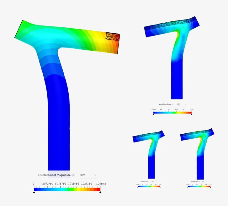 Finite element analysis of a pipe elbow showing displacement magnitudes and Von Mises stress distribution, with color-coded stress levels.