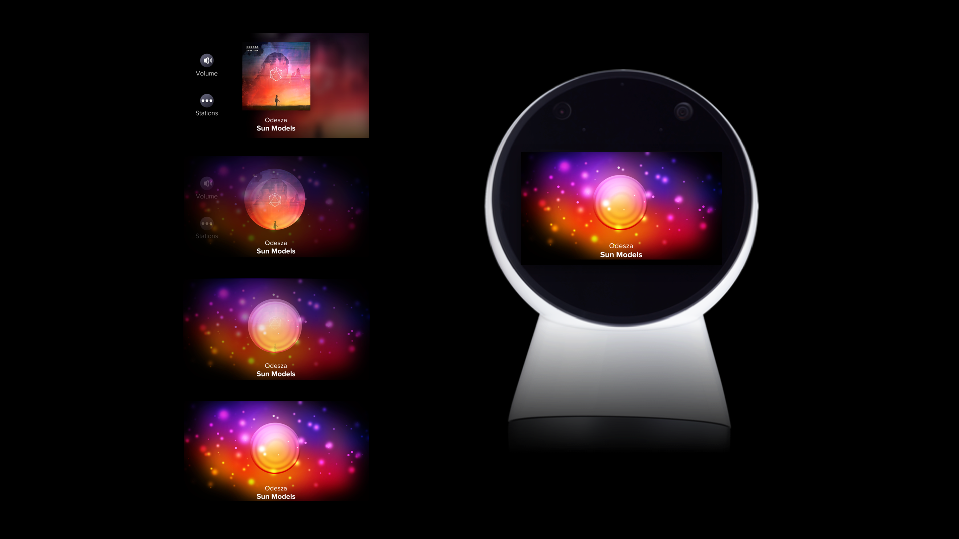 A smart speaker with a circular display showing colorful cosmic imagery and the text "Odesza Sun Models," surrounded by multiple screens of album art and controls on a black background.