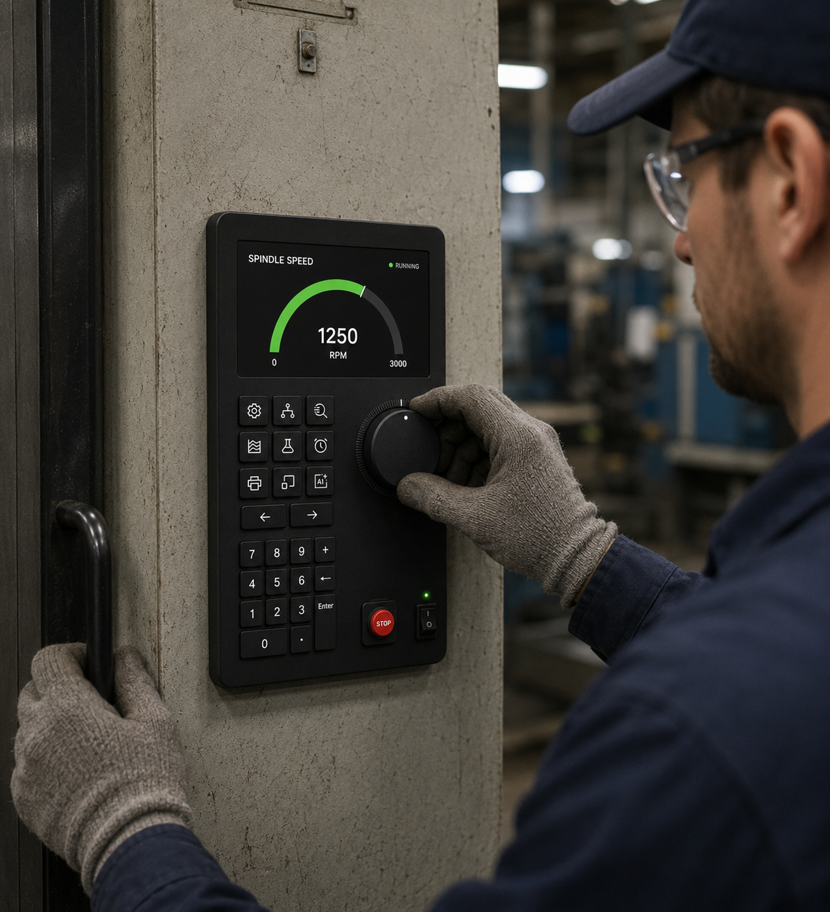 A worker wearing safety goggles and gloves is adjusting a control panel with a digital display showing a spindle speed of 1250 RPM in an industrial setting.