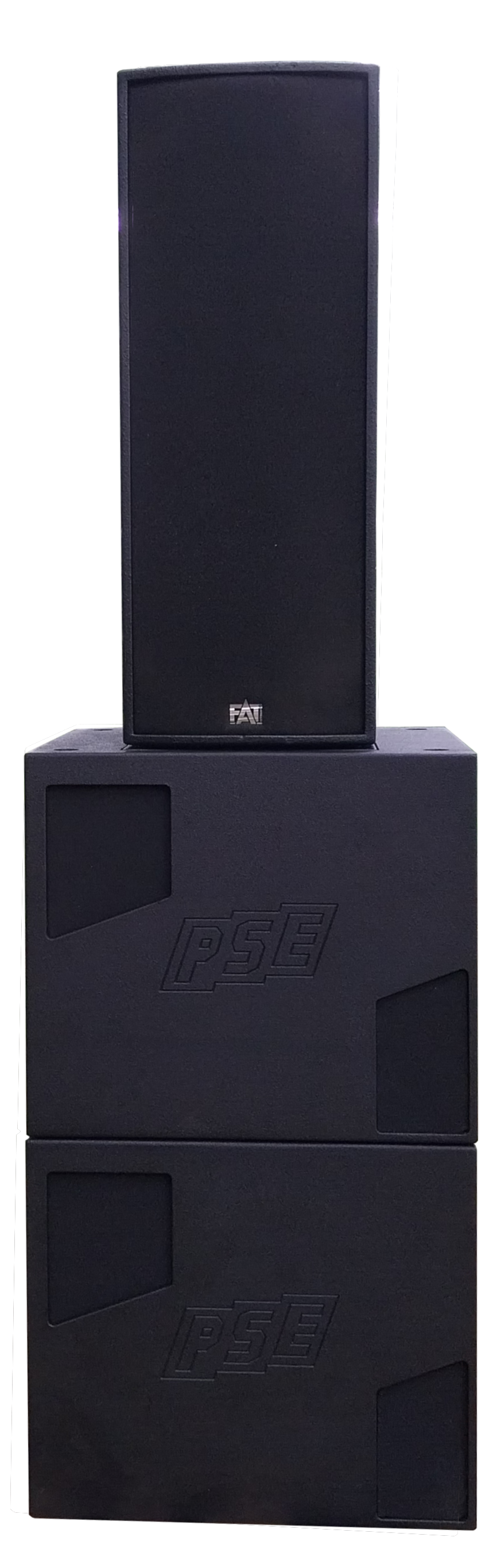 Ein schwarzer Lautsprecherstapel mit drei Komponenten, mit einem kleineren oberen Lautsprecher und zwei größeren darunter, die mit dem Logo "PSE" gekennzeichnet sind.
