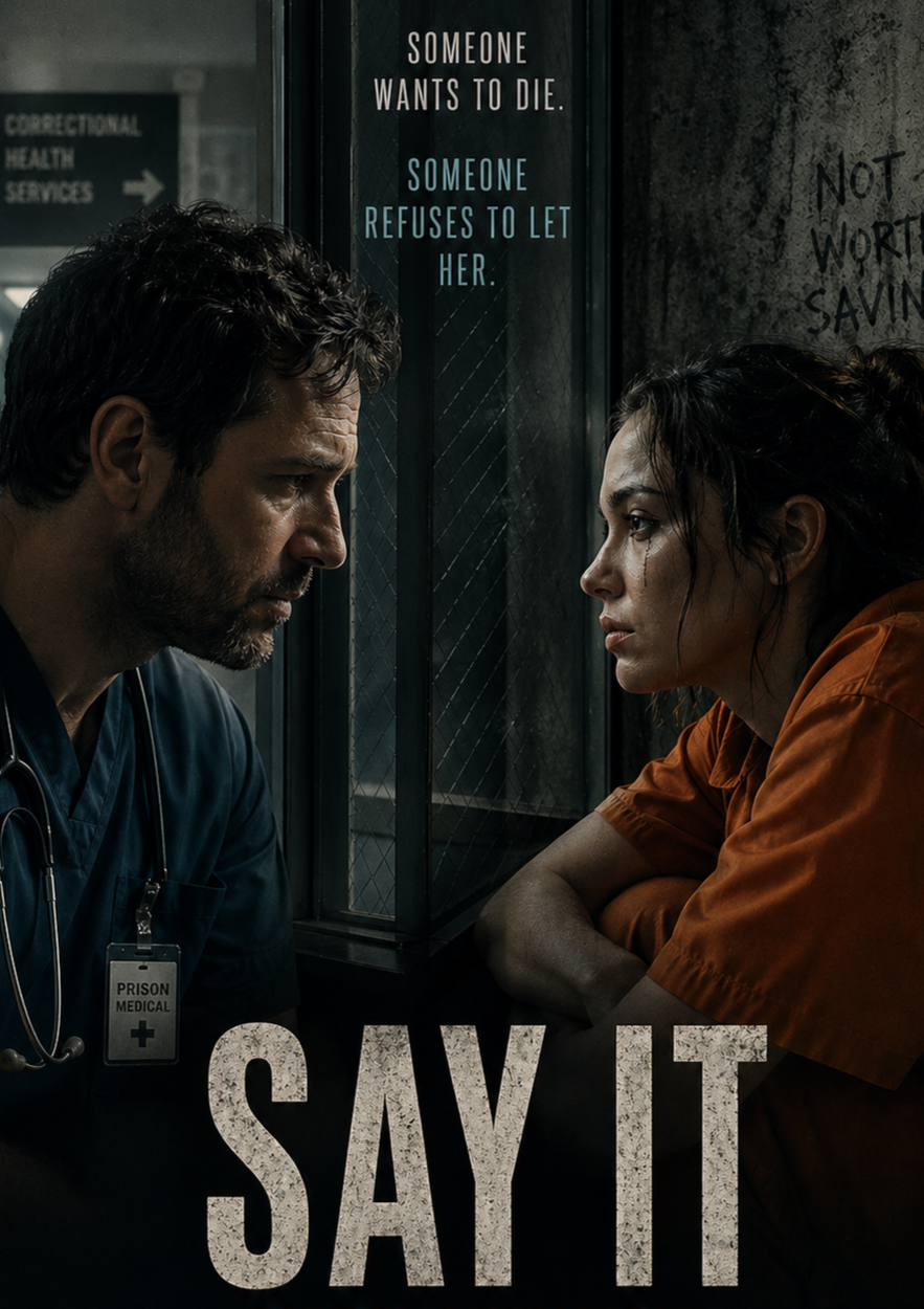 A man in a prison medical uniform and a woman in an orange prison jumpsuit sit face-to-face at a glass partition in a prison setting. The man has a stethoscope around his neck and a badge that reads 'Prison Medical.' They appear to be in a tense, emotional conversation, with a quote on the glass behind them: 'Someone wants to die. Someone refuses to let her.' The title at the bottom of the image reads 'SAY IT.'