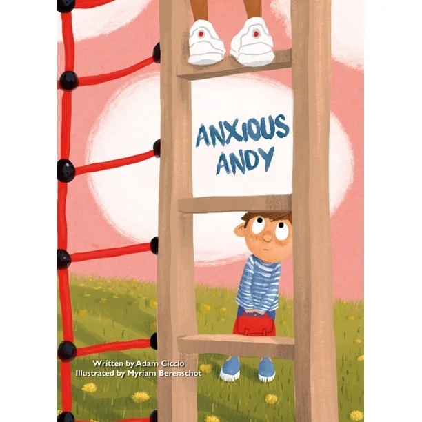 A child standing under a ladder with a sign reading 'Anxious Andy'. The background features a pink sky and grass with yellow flowers, and a climbing structure on the left.