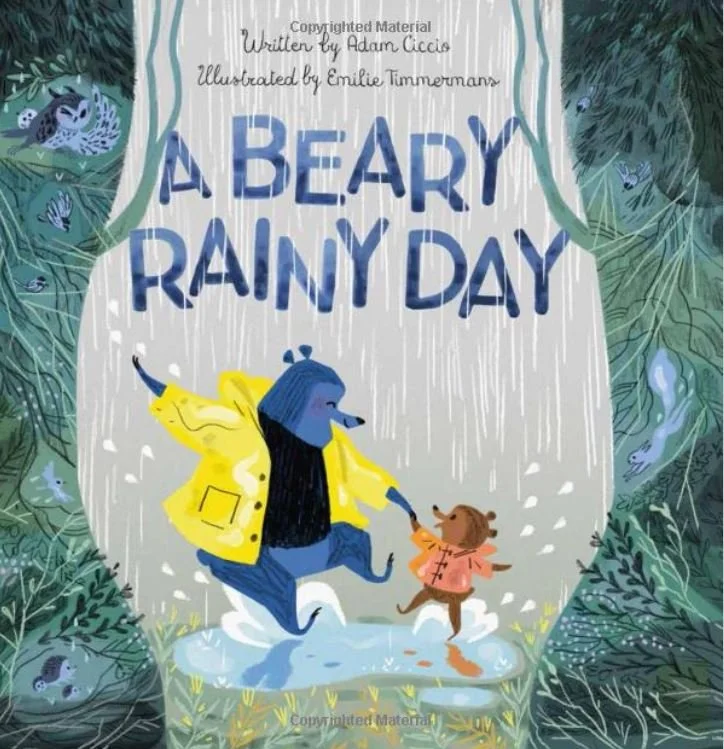 Children and a bear cub dancing in the rain with umbrellas and raincoats in a forest with animals like owls and frogs around.