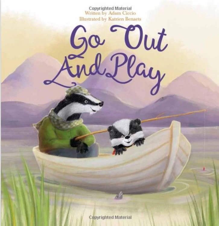 Illustration of two pandas in a boat, one holding a fishing rod, with mountains in the background and the text "Go Out and Play" at the top.