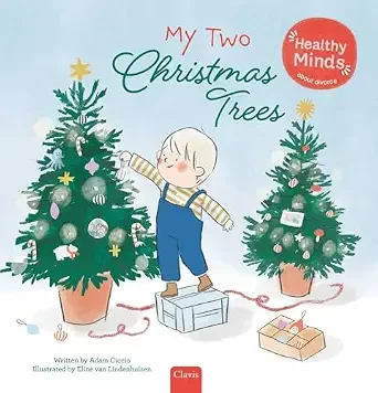Cover of a book titled 'My Two Christmas Trees' showing a child with white hair wearing blue overalls decorating two Christmas trees with ornaments and tinsel, with a box of decorations nearby.
