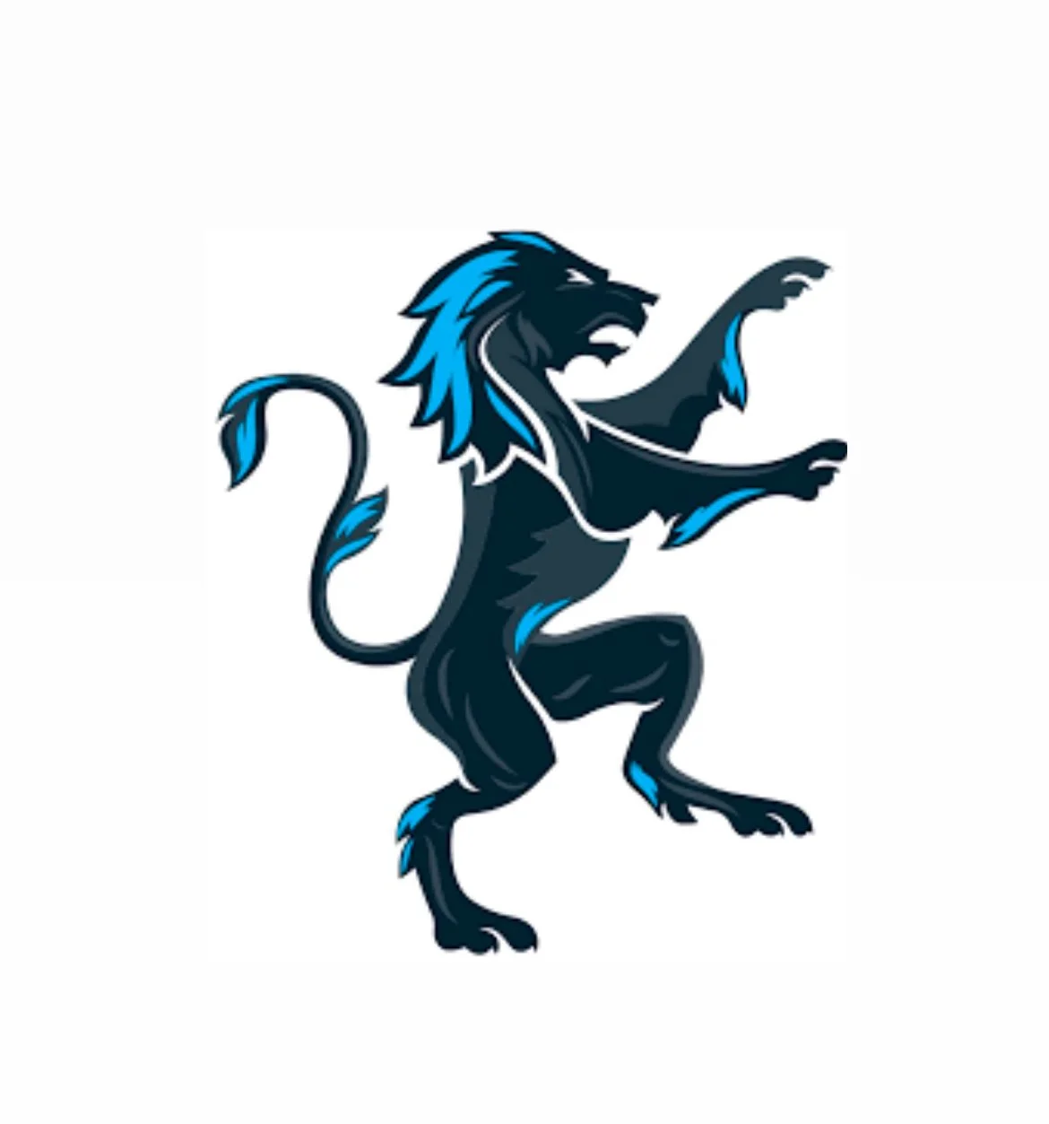 A stylized illustration of a lion with a dark blue and light blue color scheme, standing on its hind legs with one paw raised and its tail curved upward.