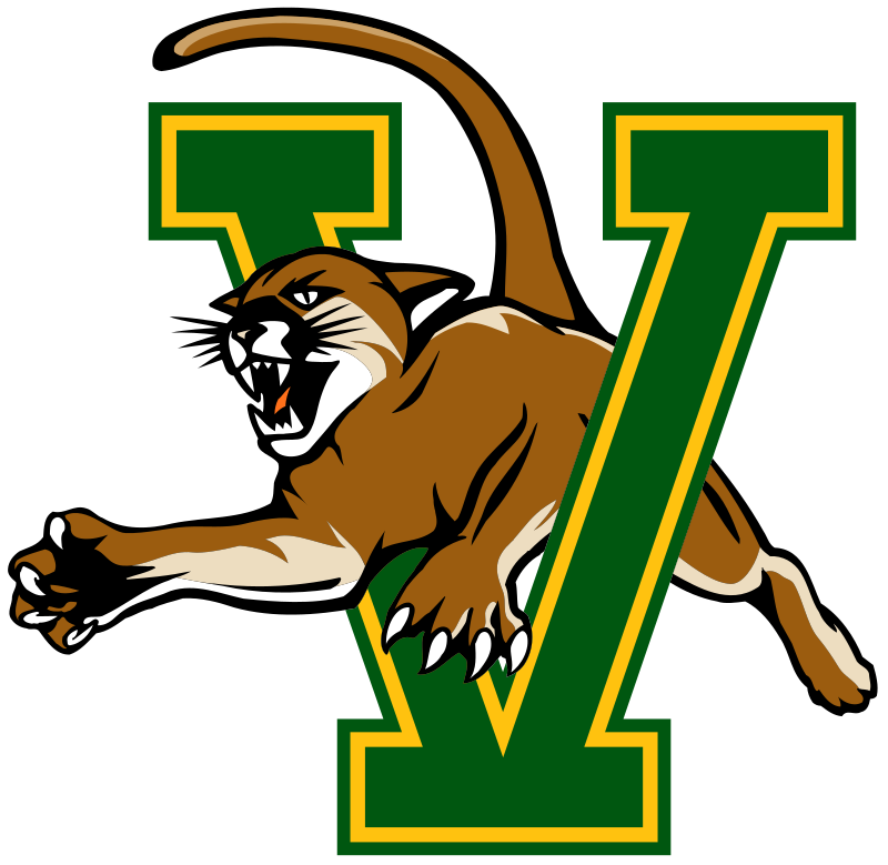 A fierce, roaring cougar in front of a large green letter 'V' with yellow outline, representing the Villanova Wildcats logo.