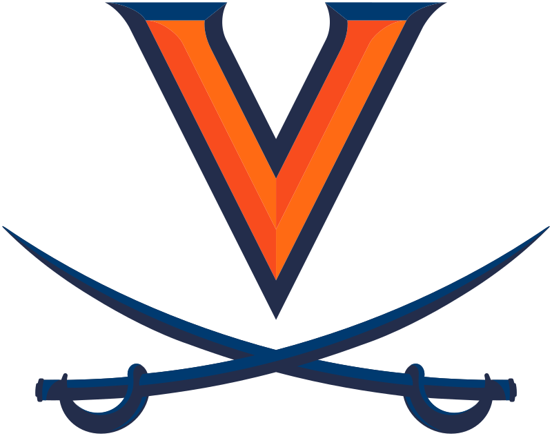 Logo with a large orange and black letter V above two crossed swords.