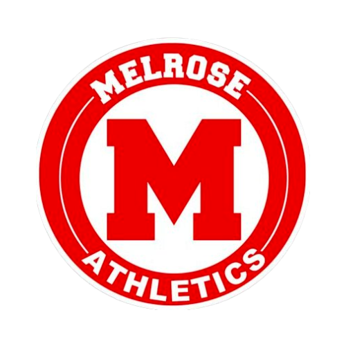 Melrose Athletics logo with a red circle, bold red letter 'M' in the center, and 'Melrose Athletics' written around the circle.