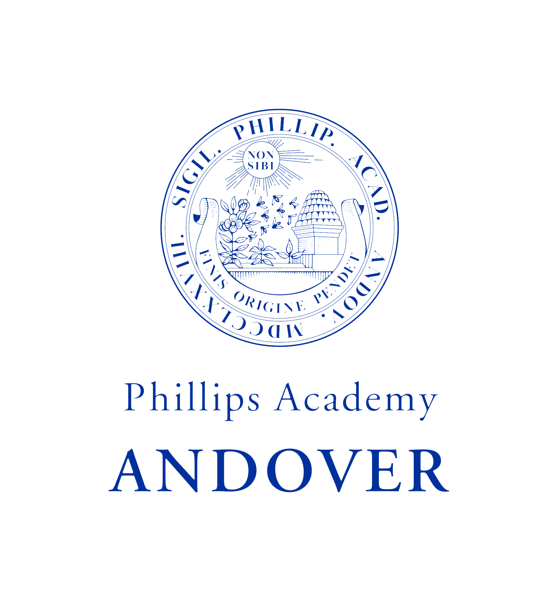 Seal of Phillips Academy with a sun, a plant, a beehive, and the Latin phrase 'Non Sibi' surrounded by the text 'Phillips Academy' and 'Founded 1778'