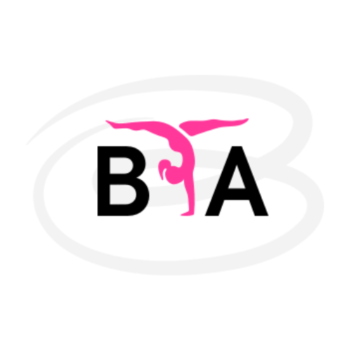 Logo with the letters B and A separated by a pink gymnast performing a handstand and split, with a swirl design in the background.