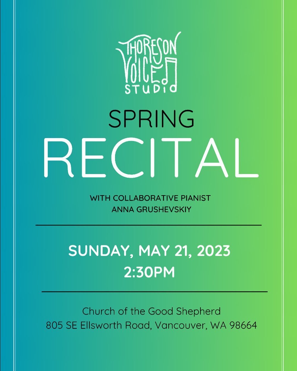 The Thoreson Voice Studio will be having its spring recital at Church of the Good Shepherd on May 21st at 2:30pm! 
The recital has everything from opera to musical theatre, to duets, to original compositions, and more. Good Shepherd choir members Ath