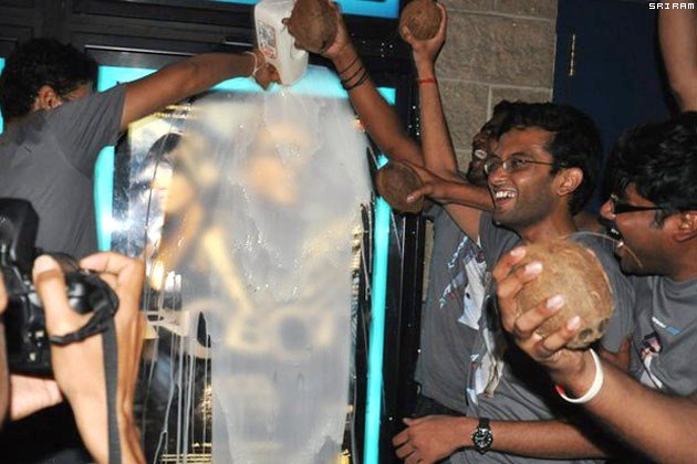 Milk Bath (Palabhishekam) of Rajinikanth's Cutout from the Film, Enthiran, USA (New Jersey) 2010