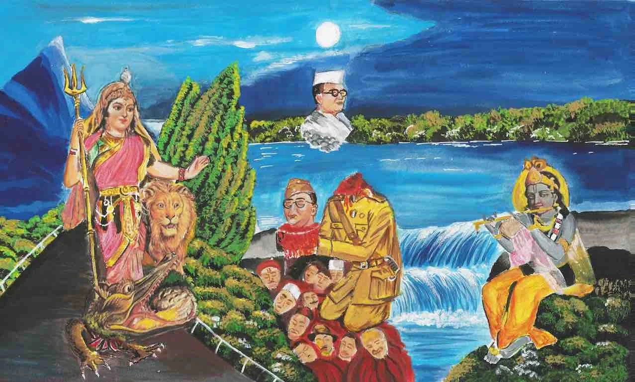  "Subhash Chandra Bose Offering his Head to Bharat Mata", Painted Reproduction of a Popular Print