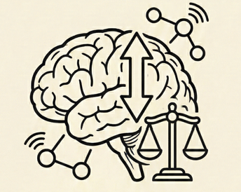 Illustration of a brain with connected nodes and scales representing intelligence and balance.