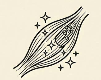 Stylized illustration of a if shape with small stars and sparkles surrounding a central object that appears to be a bundle of sticks or wheat.