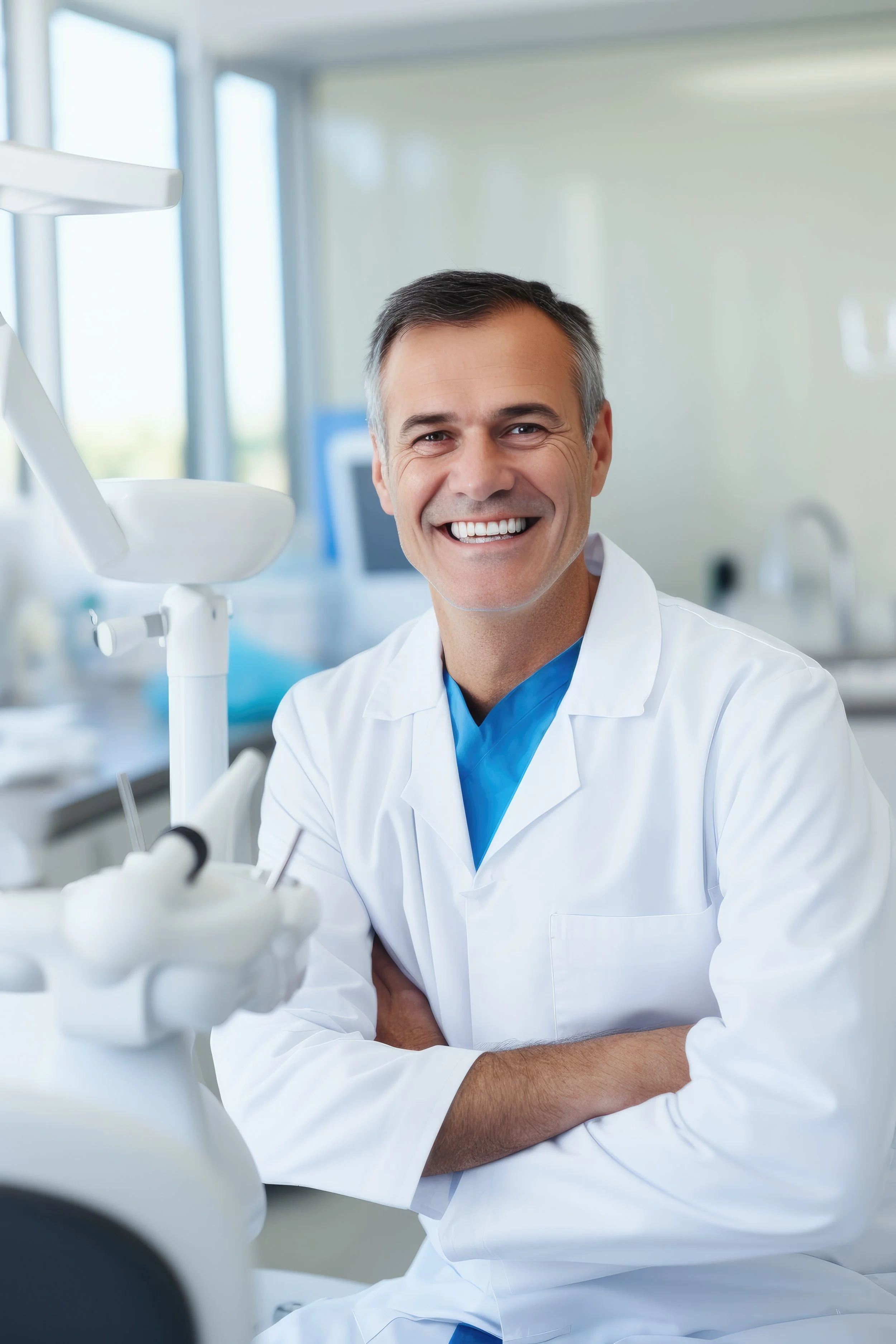 A smiling male dentist in a white coat sitting in a dental office with dental equipment around him.