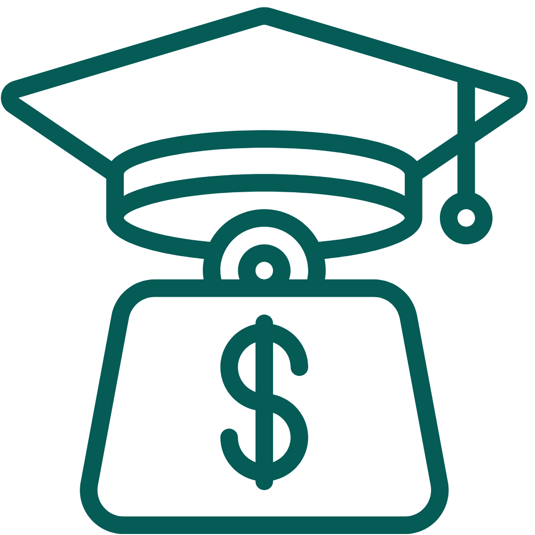 Outline of a graduation cap on a scale with a dollar sign, symbolizing education costs or financial aspects of education.