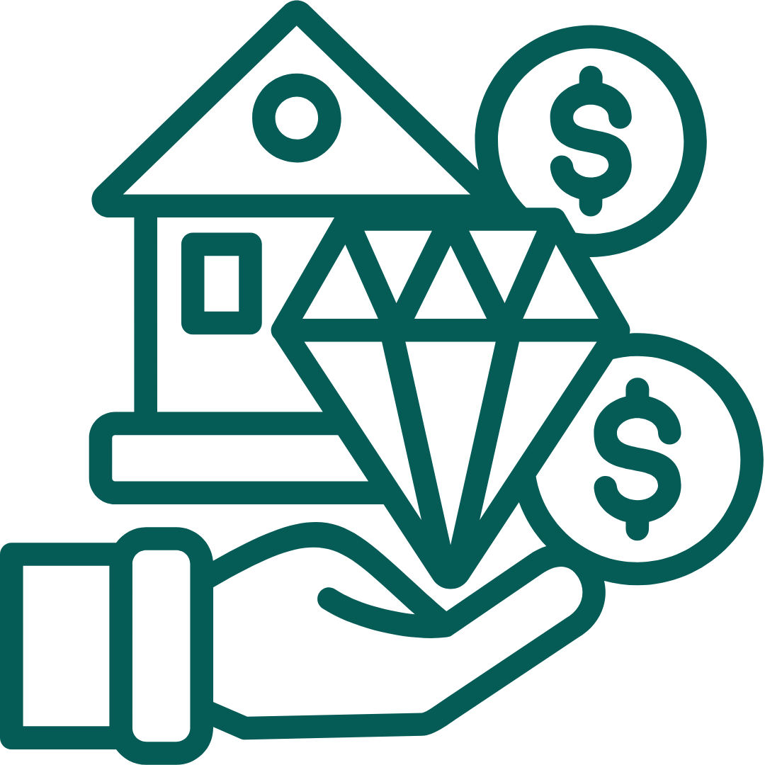Line drawing of a house with two dollar signs, a diamond, and a hand beneath.