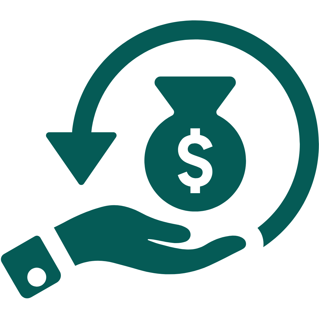 A financial icon showing a hand holding a money bag with a dollar sign, surrounded by a circular arrow indicating a cycle or flow of money.