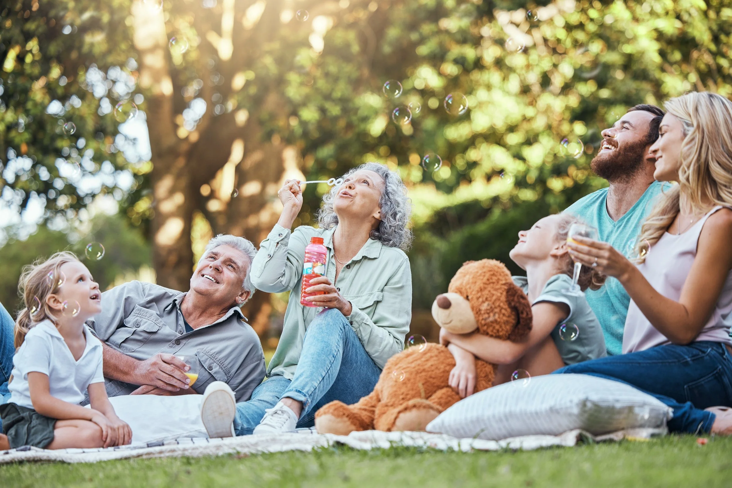 Family sitting on a blanket in a park, children and adults, two adults blowing bubbles, a stuffed dog, and a bottle of bubble solution, surrounded by trees and sunlight.