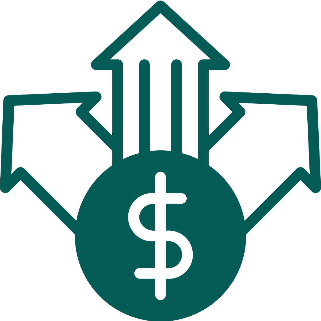 Icon showing three arrows pointing upward, a dollar sign, indicating economic growth or financial increase.
