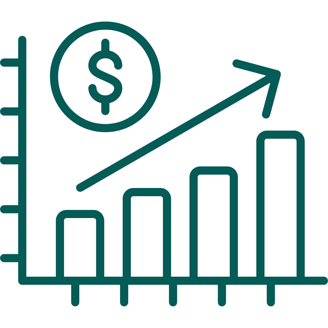 A financial growth graph with a rising arrow, bar chart, and dollar sign indicating increasing profits or investment returns.