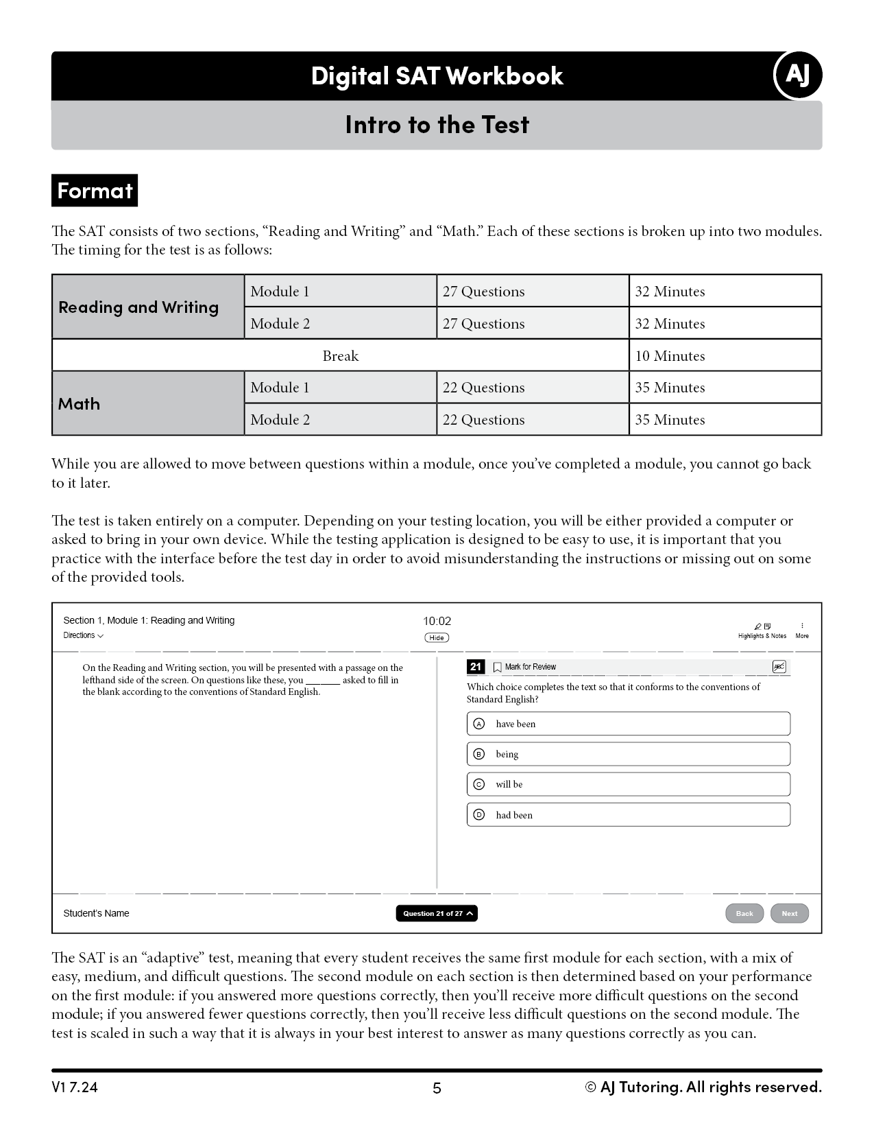 Digital SAT Workbook Contents (©AJ Tutoring)