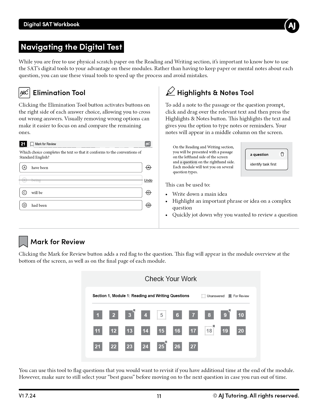 Digital SAT Workbook Contents (©AJ Tutoring)